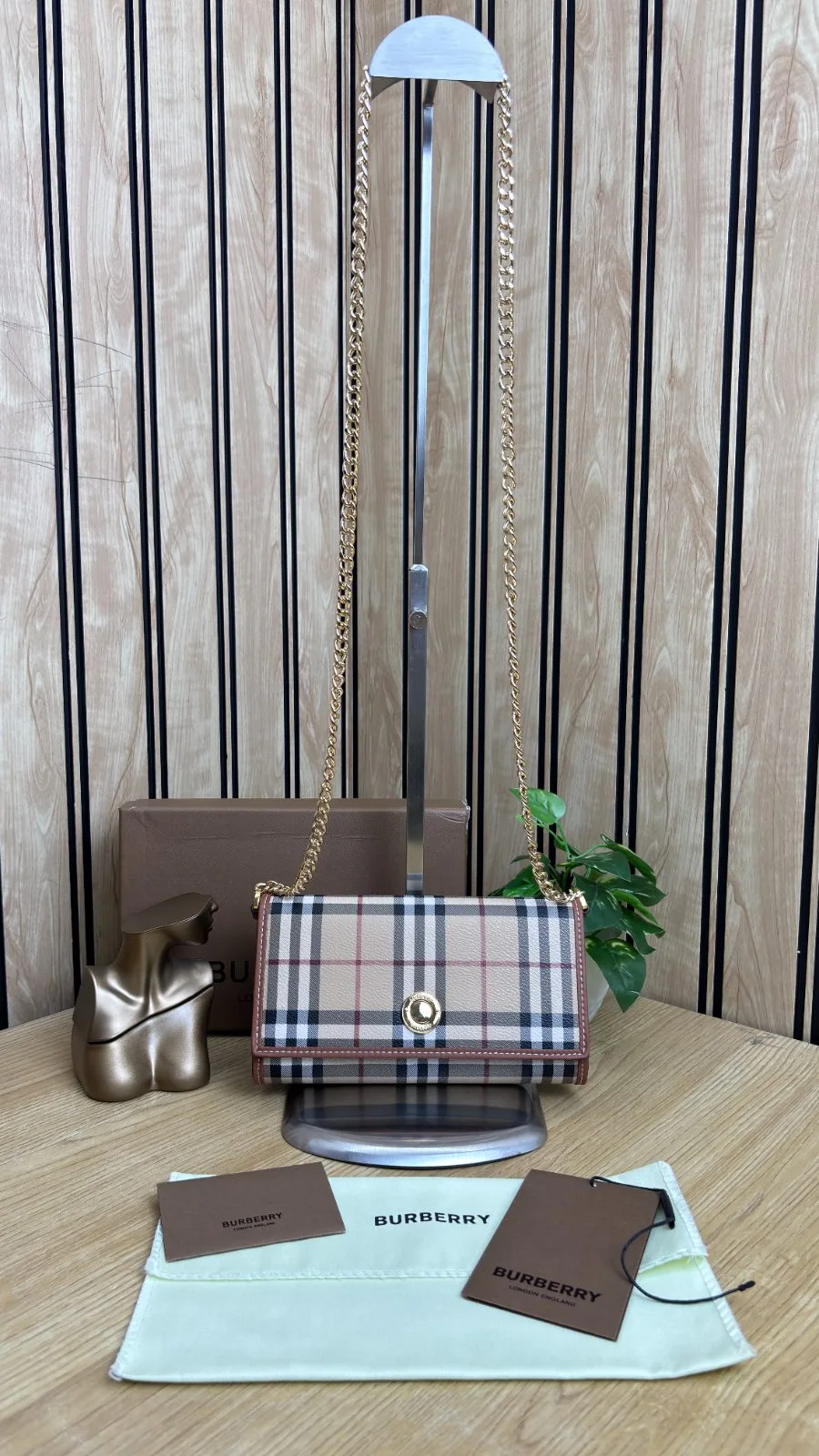 BURBERRY CHECK CHAIN SLING WALLET
