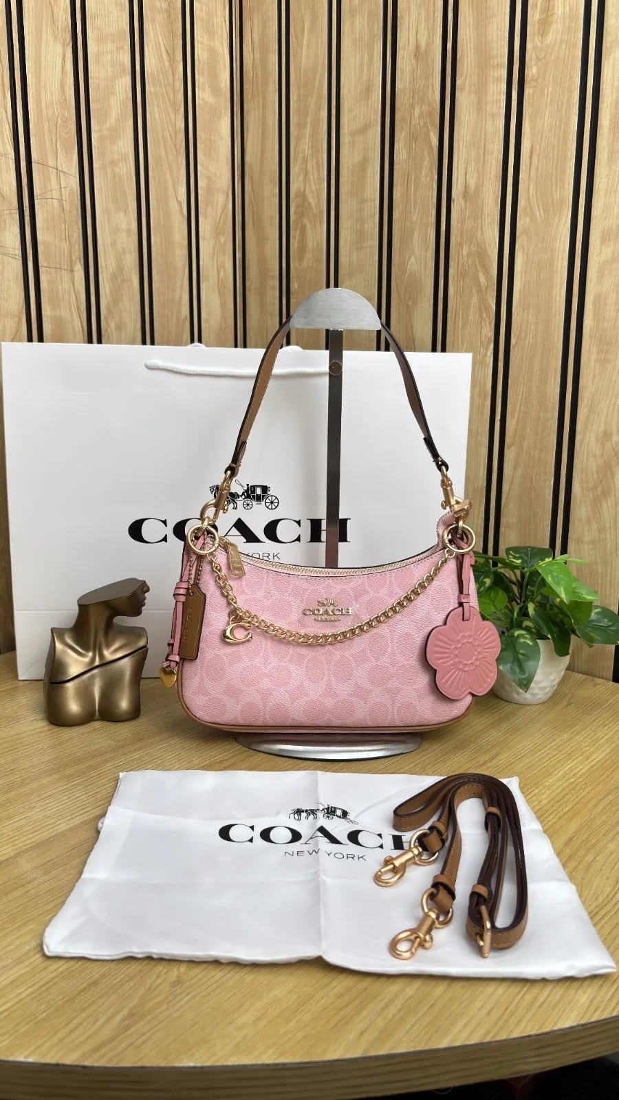 COACH TERI STYLE SHOULDER BAG WITH CHARMS – POWDER PINK / TAN